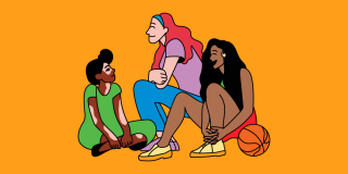 Illustration features three teens sitting on the ground with a basketball in the foreground.