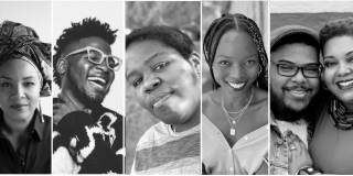 Grid of five black and white photos of Black authors featured at the literary festival