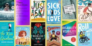 Book cover collage on a yellow background featuring reading recommendations for Disability Pride Month with titles including Just Ask, Sick Kids in Love, The Reckless Kind, and more.