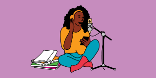 Illustration on a purple background of a person seated on the floor next to a stack of books, wearing headphones and recording into a microphone. 