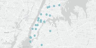 Map of NYC showing blue icons at Dance Party NYC locations.