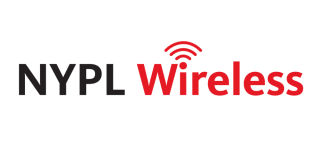 Black and red text reads "NYPL Wireless" on a white background. The "i" of "Wireless" has internet signal lines emanating from it.