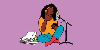 Illustration on a purple background of an adult seated next to a stack of books, recording into a microphone.