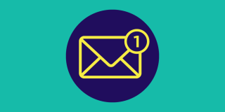 Purple and yellow email icon on a teal background.