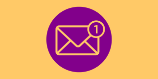 Email icon on a purple circle overlaid on a yellow background.