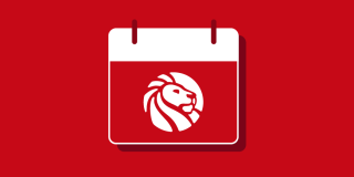Red and white calendar displaying the NYPL lion logo on a red background.