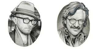 2 side-by-side black and white portraits: Kliph Nesteroff, Marc Maron