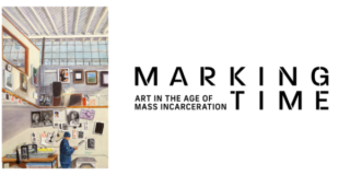Against a white backgroud, an illustration of a person in a prison cell. On the right, the words Marking Time: Art in the Age of Mass Incarceration is in black lettering. 