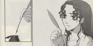 Image from Korean 'Mary Godwin' comic book featuring Mary Shelley holding a quill.