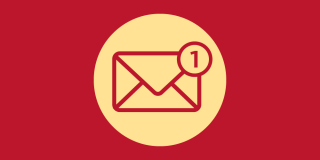 Pale yellow email icon on a red background.