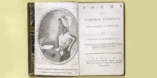 Spread from Phillis Wheatley's 'Poems on Various Subjects' showing a portrait of the author and the book's title page.