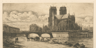 Historic etching showing a view of Notre-Dame from across the Seine river with a bridge and workers shown in the foreground. 