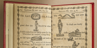A historic spelling book open to a page with yellowed pages and black text about words with four syllables.