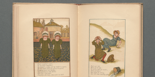 A historic edition of Mother Goose featuring colorful illustrations by Kate Greenaway: the left page features two girls in green dresses and white bonnets, the right page features a boy and a girl at the bottom of a hill with a spilled pail of water.