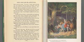 Open edition of Robin Hood and His Adventures with text on the left page and a colorful, medieval scene of people on horses crossing a small blue stream with a lush tree in the background on the right page.