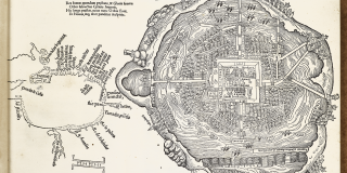 Map of Tenochtitlán published with a letter from Hernán Cortés; landscape page with very intricate black penned map