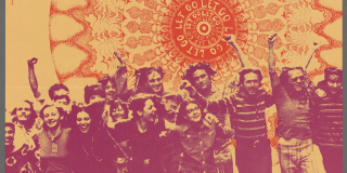 a poster in orange and purple tones with a circular mandala design and a group of people marching