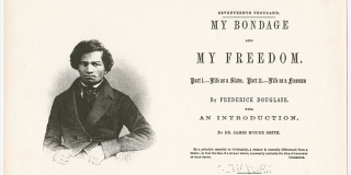 The title page of My Bondage and My Freedom, with a black and white image of Frederick Douglass