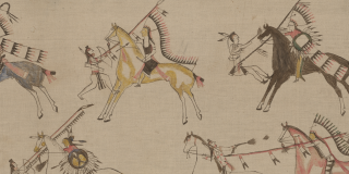 a painting depicting a battle scene with Native American fighters and horses of several different colors