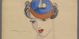 Historic watercolor sketch on yellowing paper that depicts a woman with dark, curly hair wearing a flat brown and blue hat with a white spire and ball on the crown of the cap; she is shown from several different angles.  
