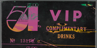 Oil painting with a black background and stylized text that reads: Studio 54 VIP Complimentary Drinks in shades of bright pink, yellow, and green.