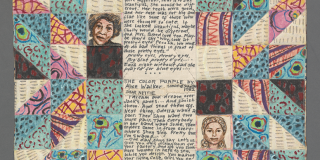 Illustration of a colorful quilt featuring illustrations of famous Black writers with several squares of text in the middle. 