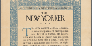 Off-white piece of paper detailing a prospectus for The New Yorker magazine in black text surrounded by a cornflower blue border with ornate patterns. 