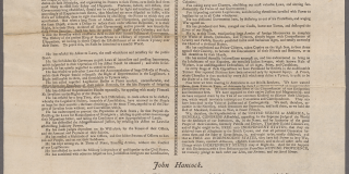 Historic print of the Goddard Broadside printing of the Declaration of Independence with various signatures at the bottom of the page; item includes typed font and all names of the signers; at the bottom it says "Printed by Mary Katherine Goddard" 