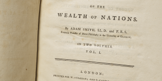 First edition of Adam Smith’s “The Wealth of Nations”; title page with typed text