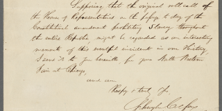 Letter from Speaker of the House Schuyler Colfax concerning the House’s vote to abolish slavery; written on congressional letterhead