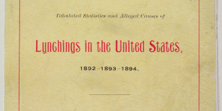 A historic pamphlet that says: A Red Record. Tabulated Statistics and Alleged Causes of Lynchings in the United States in red font. At the bottom in black it says "By Ida B. Wells"; there is also a 25 cent price label on it