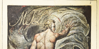William Blake’s Milton, a poem in 2 books, featuring a hand-colored relief-etching of a man seen from behind. 