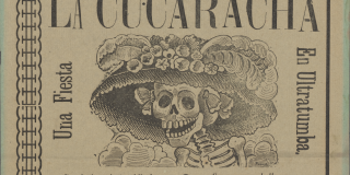 Text and image on buff sheet with light blue border. Smiling skeleton caricature from chest up, wearing fancy woman's hat.