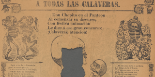 Text and image on buff sheet. Main image: a bald man in a suit stands among skulls and holds up one skull, staring it in the eye sockets.