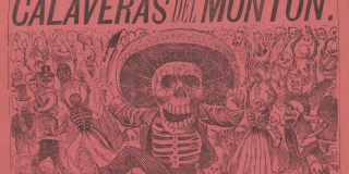 Calaveras del montón. Número 1. Text and image on red sheet. Main image: skeleton dressed as Mexican horseman, wielding machete.