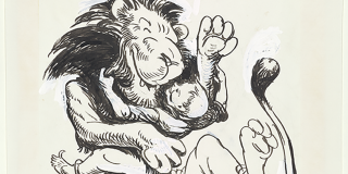 An ink illustration with white watercolor highlights showing a smiling lion standing on his hind legs, hugging and swinging around a grinning boy