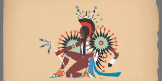 Colorful pochoir print depicting a member of the Kiowa tribe in profile, kneeling on his left knee, holding a pipe in one hand and a feather in the other, wearing bells around his ankles and knees, a white vest, a blue cloth around his waist, a headdress of red and black with white and green feathers, and green, black, and red feathers arranged in a circle at each elbow