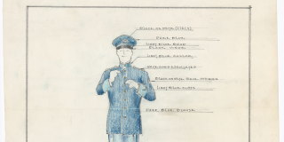 Sketch of a smiling man wearing a blue uniform, with arrows and handwritten notes detailing the colors of each component