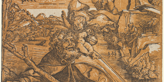 Elaborate woodcut illustration, with black ink over a printed ocher background and the natural paper showing through for highlights, depicting St. Christopher crouched on the ground of a hilly landscape looking up to a cherub perched on his shoulder