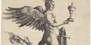 A winged, nude female figure stands atop a globe and holds a chalice with her right hand and horse tack in her left 