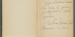 Open book that on the righthand page has an inscription by Nella Larsen to Regina and William Andrews dated 1929 and describing her book as a “tale of pride, prejudice, and ‘passing’” 