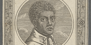 Vertical rectangular print with decorative borders and, at center, a circular portrait of Toussaint Louverture