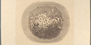 An etching of the earth, covered with people who are all seemingly headed to the Crystal Palace, which is depicted as the “North Pole” of the globe