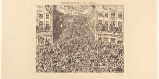 Etching of an extraordinarily crowded intersection in London, with people filling the streets and the overlooking windows and balconies