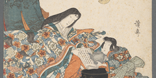 Color woodblock print executed mainly in blues and oranges showing a woman holding a book and her assistant holding a kettle, both kneeling over a basin