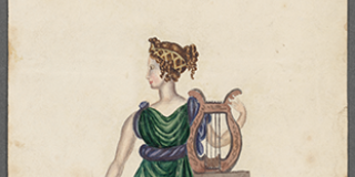 Watercolor illustration of a woman dressed in classical Greek robes and sandals and leaning against a waist-high pillar, on top of which she positions a lyre