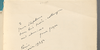 The righthand page of open book bearing a handwritten inscription by James Joyce to James Stephens