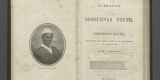 Printed book open to a portrait of Sojourner Truth on the left page and the title page on the right