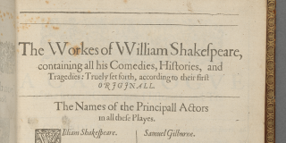 Right-hand page of printed book bearing the title of the work and a list of the principal actors’ names, including, listed first, William Shakespeare