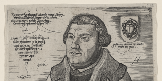 Print showing Martin Luther standing over a pedestal with an open book. The foreground is a shelf holding several other books.